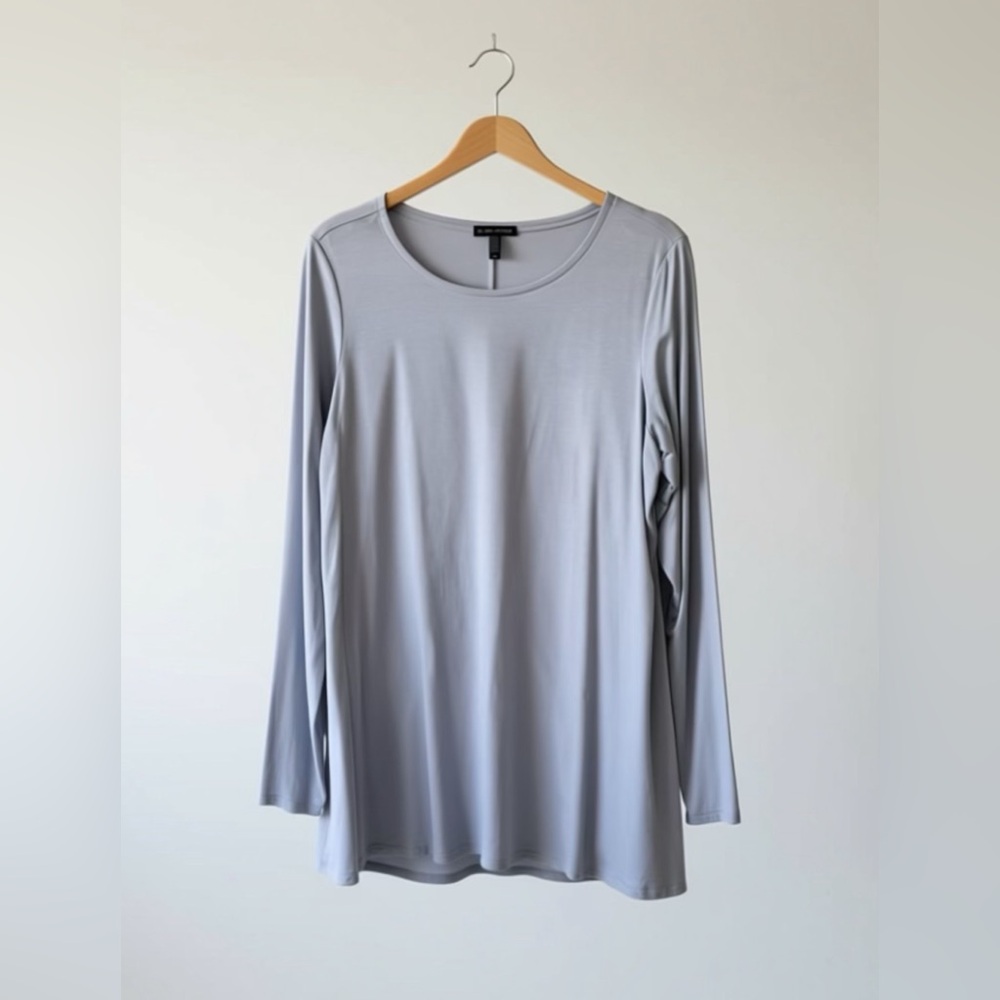 Eileen Fisher Light Gray Long Sleeve Stretch Top L Made in USA